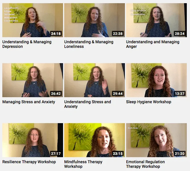 Nine thumbnails showing available videos for 