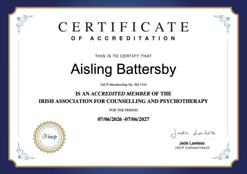 IACP accreditation and membership certificate for counselling and psychotherapy